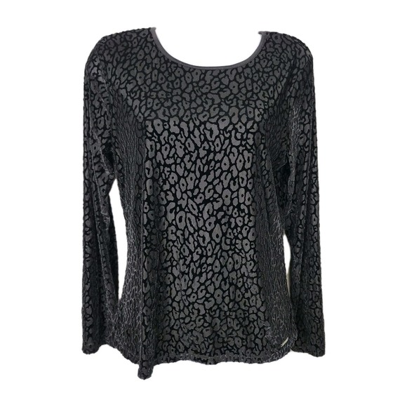 Calvin Klein Collection Tops - Calvin Klein‎ Velvet Burnout Leopard Print Top Black Gray Long Sleeve M